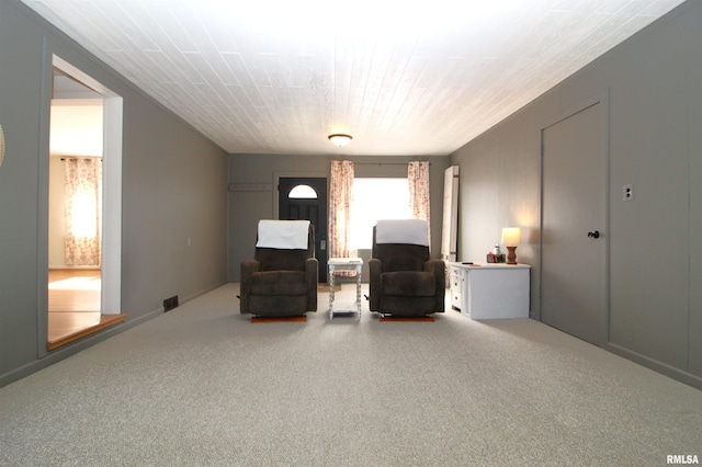 sitting room featuring carpet flooring