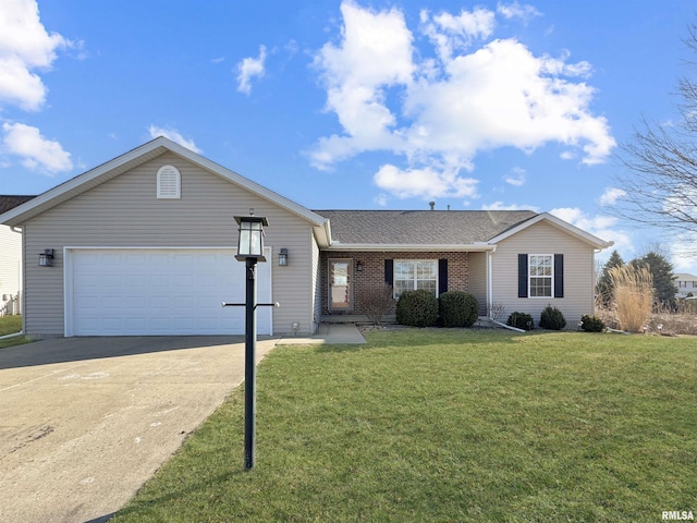 single story home with an attached garage, a front yard, concrete driveway, and brick siding