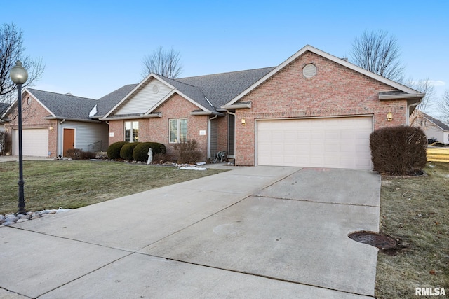 single story home with a garage and a front yard