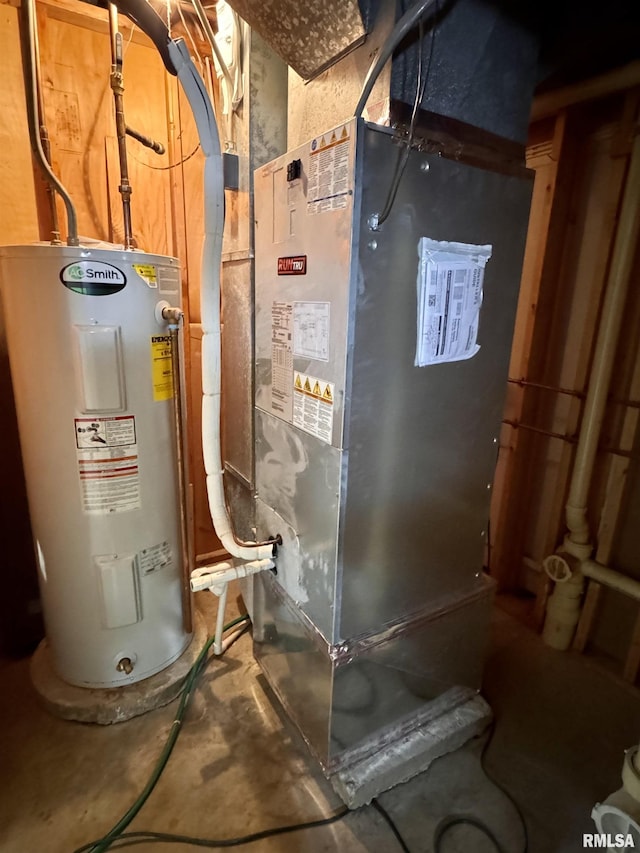 utility room featuring electric water heater and heating unit