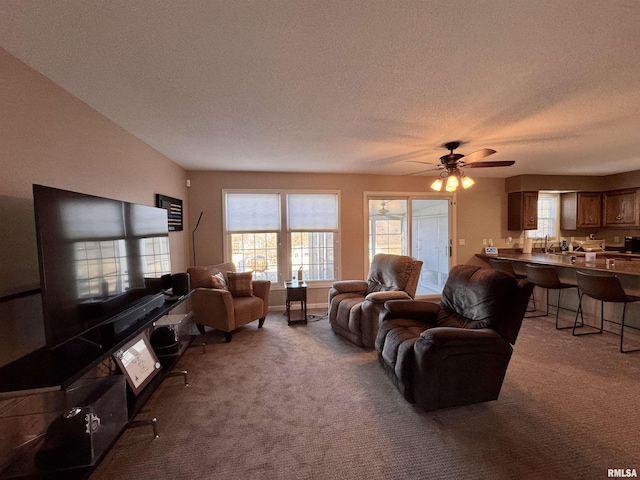 carpeted living room with ceiling fan, sink, and a textured ceiling