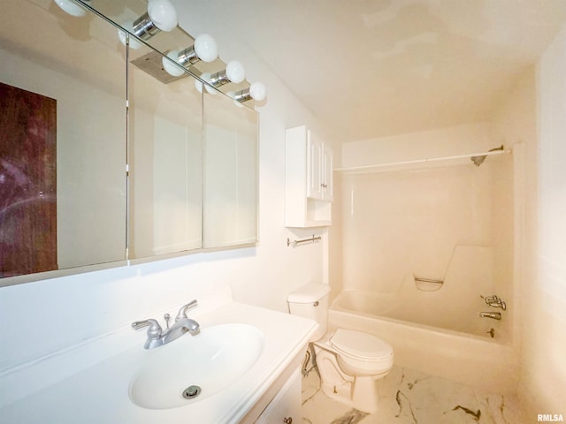 bathroom with marble finish floor, vanity, toilet, and shower / bathtub combination