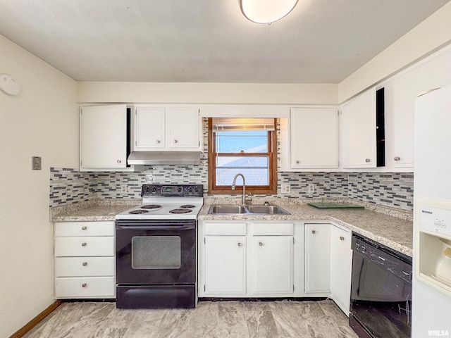 kitchen featuring sink, dishwasher, electric range, white cabinets, and decorative backsplash