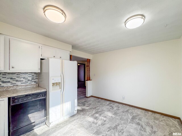 kitchen with dishwasher, white refrigerator with ice dispenser, white cabinets, and decorative backsplash