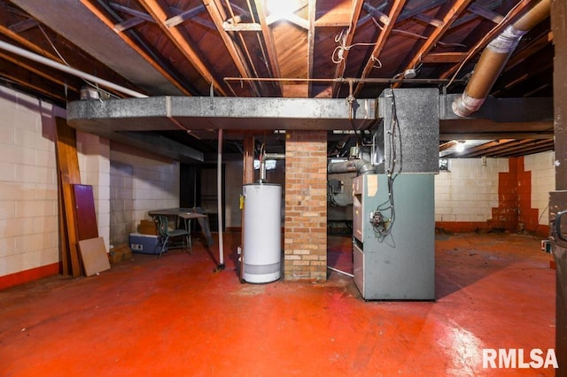 basement with heating unit and water heater