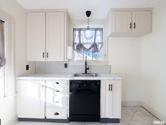 kitchen featuring dishwasher, sink, decorative backsplash, hanging light fixtures, and light stone counters