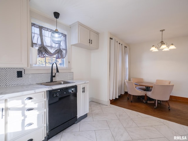 kitchen with sink, decorative light fixtures, dishwasher, decorative backsplash, and white cabinets