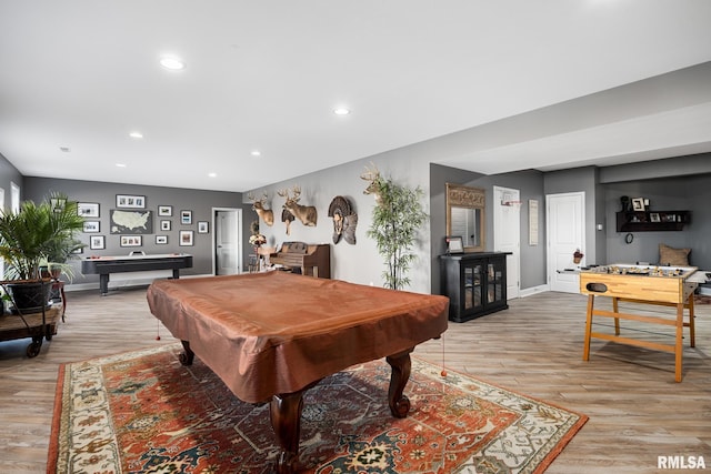 recreation room with light wood-style floors, recessed lighting, baseboards, and pool table