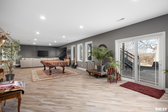 playroom with visible vents, baseboards, pool table, light wood-type flooring, and recessed lighting