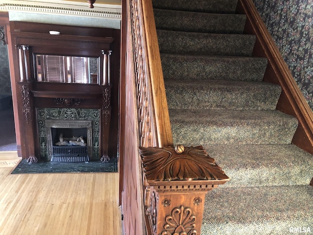 stairway with hardwood / wood-style flooring and a premium fireplace