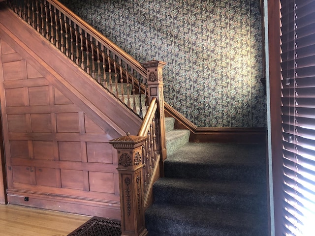 stairs with hardwood / wood-style flooring