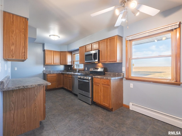 kitchen with sink, ceiling fan, baseboard heating, appliances with stainless steel finishes, and decorative backsplash