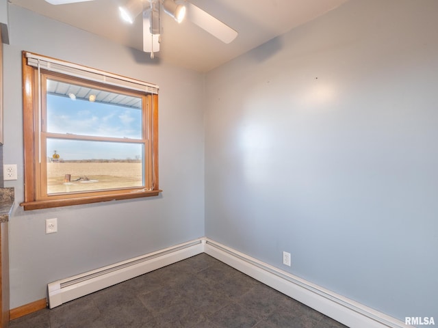 spare room featuring ceiling fan and a baseboard heating unit