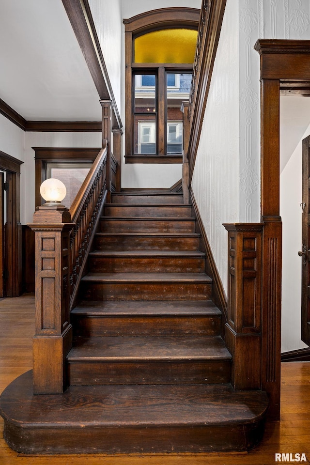 stairway featuring wood-type flooring