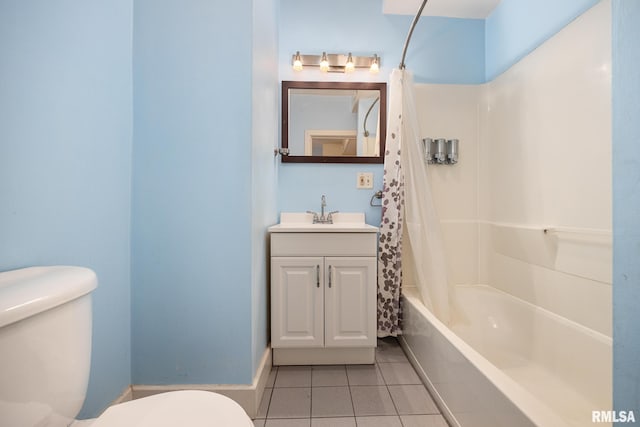 full bathroom with shower / bath combination with curtain, tile patterned floors, toilet, and vanity