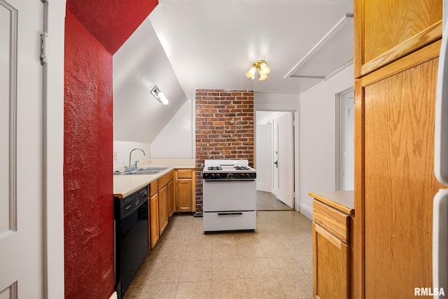 kitchen with lofted ceiling, sink, gas range gas stove, and black dishwasher