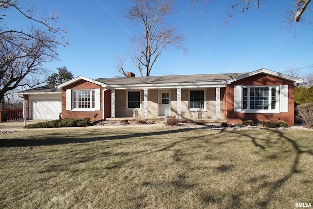 single story home with a porch, a garage, and a front yard