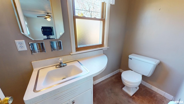 bathroom with vanity, ceiling fan, and toilet