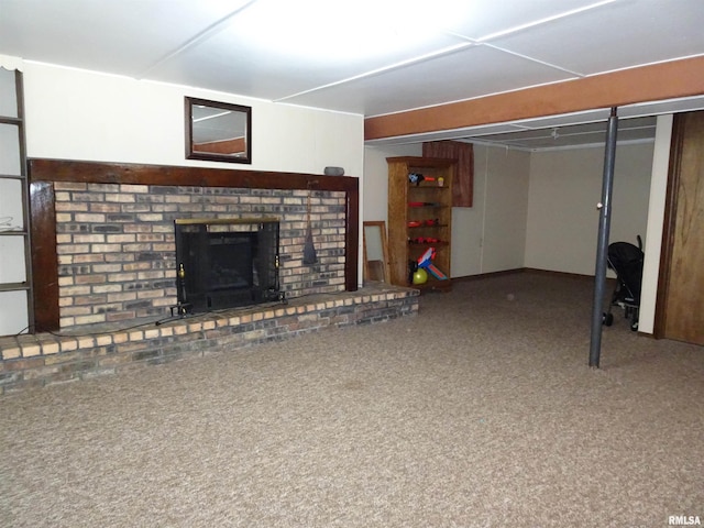 basement with a fireplace