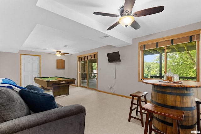 game room featuring billiards, a healthy amount of sunlight, and indoor bar