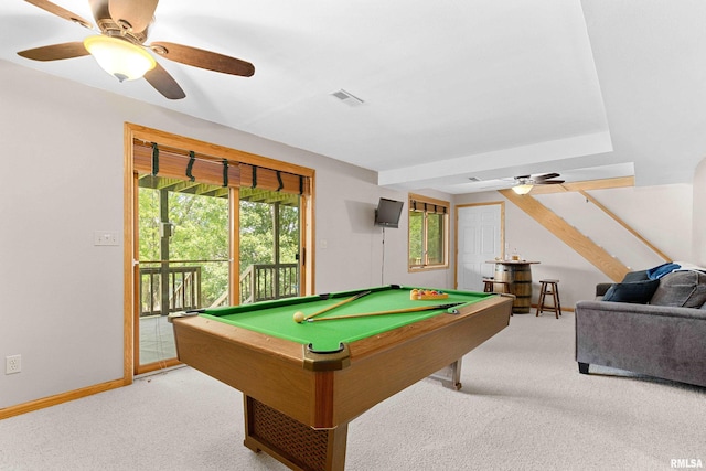 playroom featuring ceiling fan, light colored carpet, and billiards