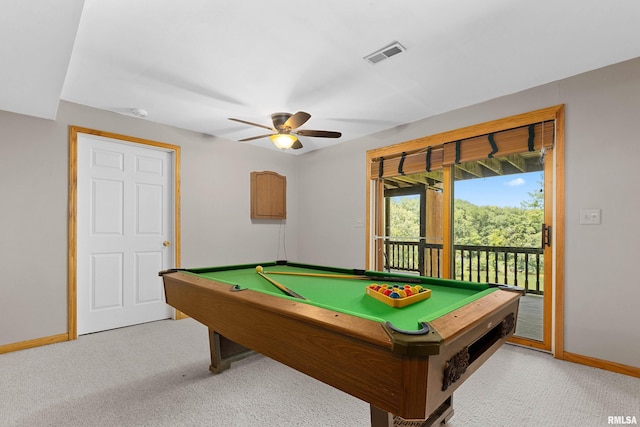 recreation room with billiards, light colored carpet, and ceiling fan