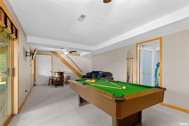 recreation room with ceiling fan, light colored carpet, and billiards