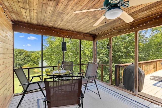 sunroom / solarium with wooden ceiling and ceiling fan