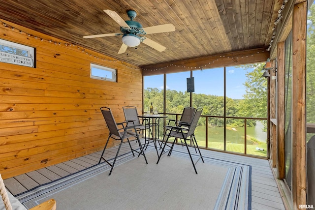 sunroom / solarium with ceiling fan and wood ceiling