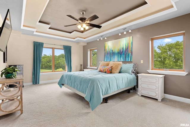 bedroom with ornamental molding, light colored carpet, and a raised ceiling