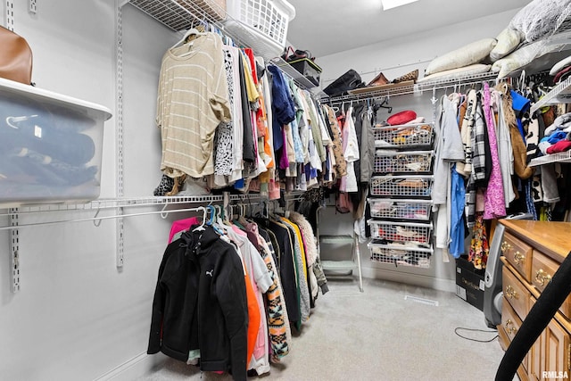 walk in closet with light carpet