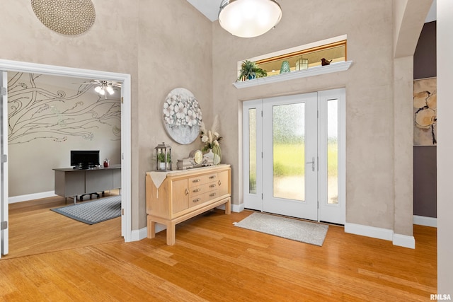 entryway featuring wood-type flooring and a high ceiling