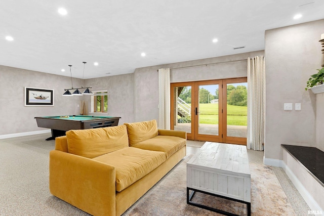 playroom with pool table and french doors