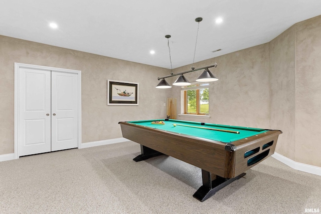 recreation room featuring light colored carpet and billiards