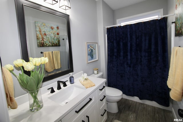 bathroom with vanity, wood-type flooring, toilet, and a shower with shower curtain