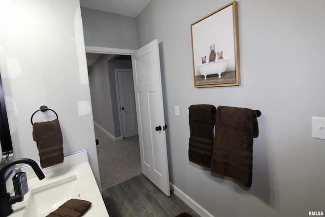 bathroom with vanity and hardwood / wood-style floors