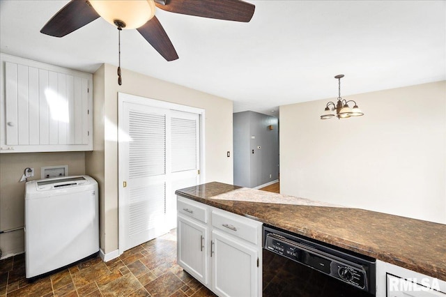 kitchen with pendant lighting, ceiling fan with notable chandelier, white cabinetry, dishwasher, and washer / dryer