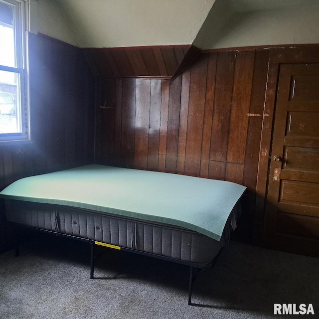 bedroom with lofted ceiling and wood walls