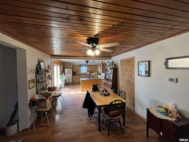 dining space featuring ornamental molding, wood-type flooring, wooden ceiling, and ceiling fan