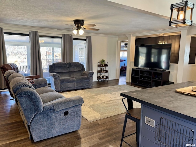 living room featuring ornamental molding, dark hardwood / wood-style floors, ceiling fan, and a textured ceiling