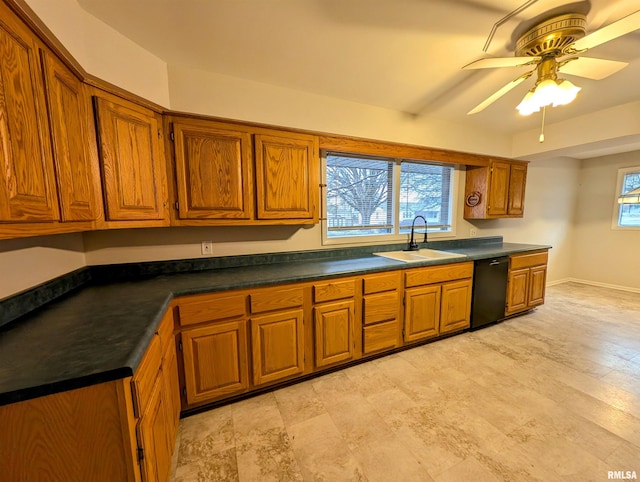 kitchen with sink, dishwasher, and ceiling fan