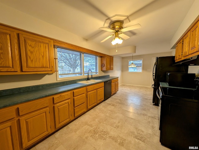 kitchen with sink, ceiling fan, and black appliances