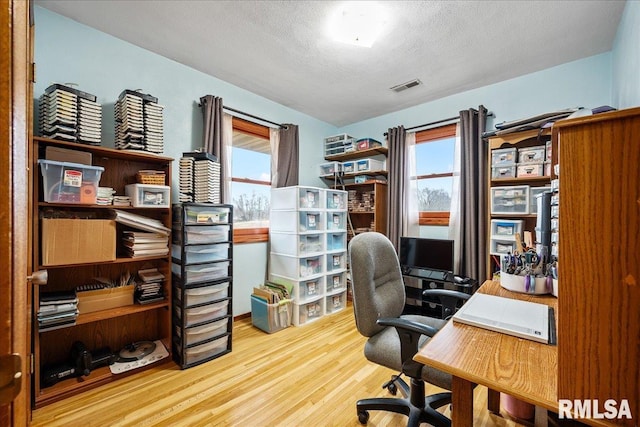 office featuring a healthy amount of sunlight, a textured ceiling, and light wood-type flooring