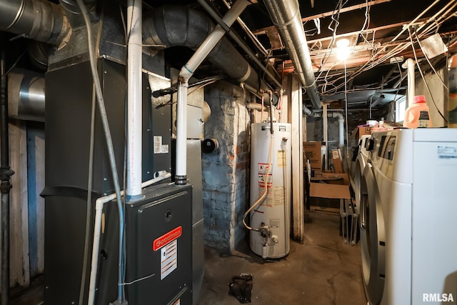 utility room with gas water heater and heating unit