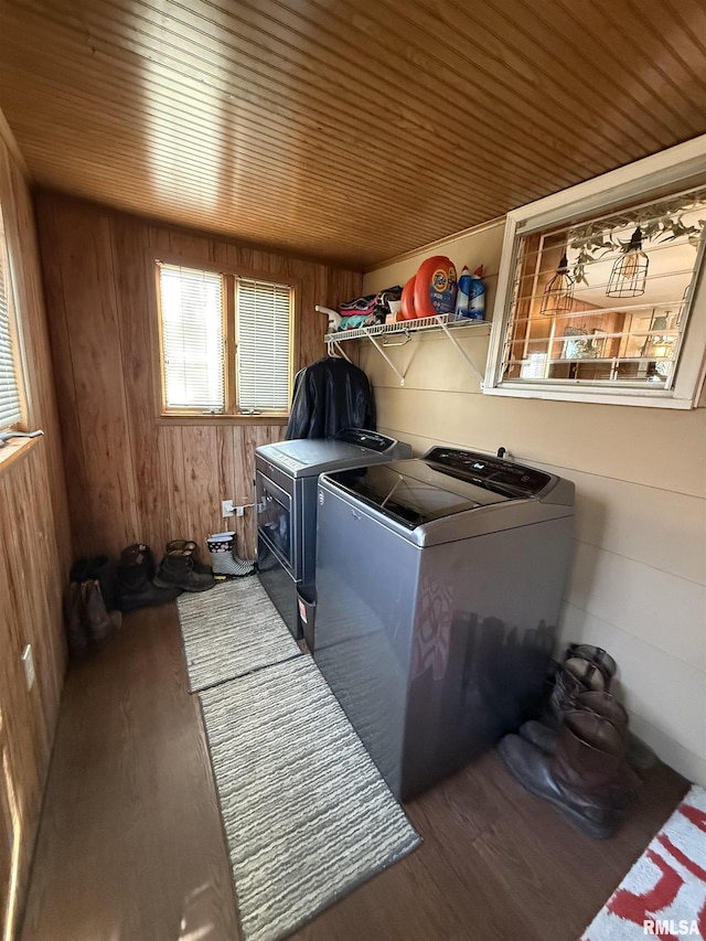 laundry area featuring wood-type flooring, wooden ceiling, washer and clothes dryer, and wood walls