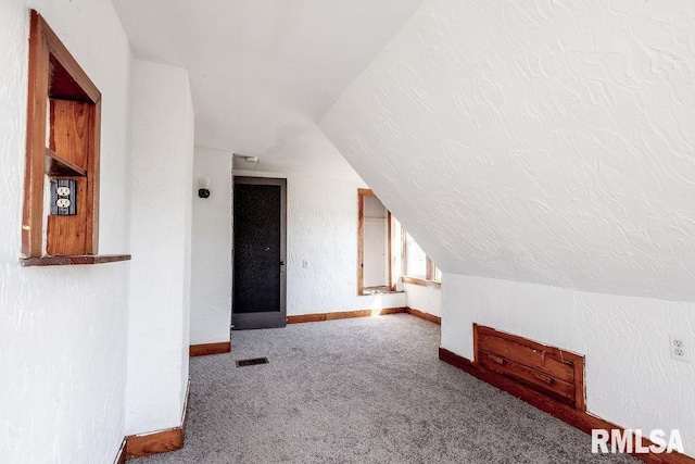 additional living space featuring lofted ceiling, carpet floors, and a textured ceiling