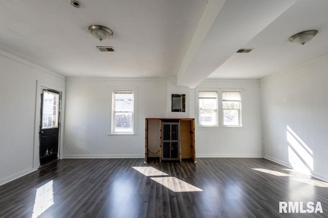 unfurnished living room with plenty of natural light and dark hardwood / wood-style floors