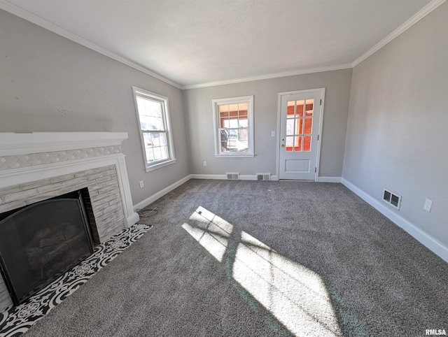 unfurnished living room with crown molding and carpet floors