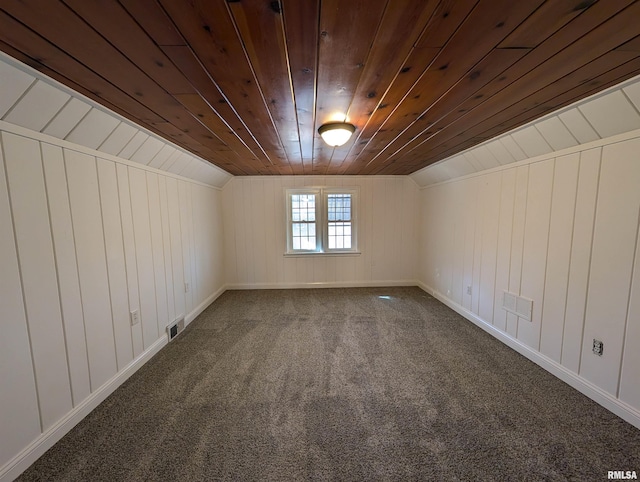 bonus room with lofted ceiling, carpet floors, and wooden ceiling