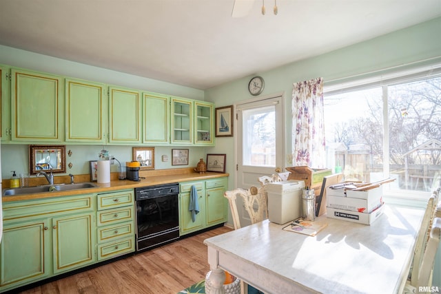 kitchen featuring black dishwasher, sink, light hardwood / wood-style floors, and green cabinetry